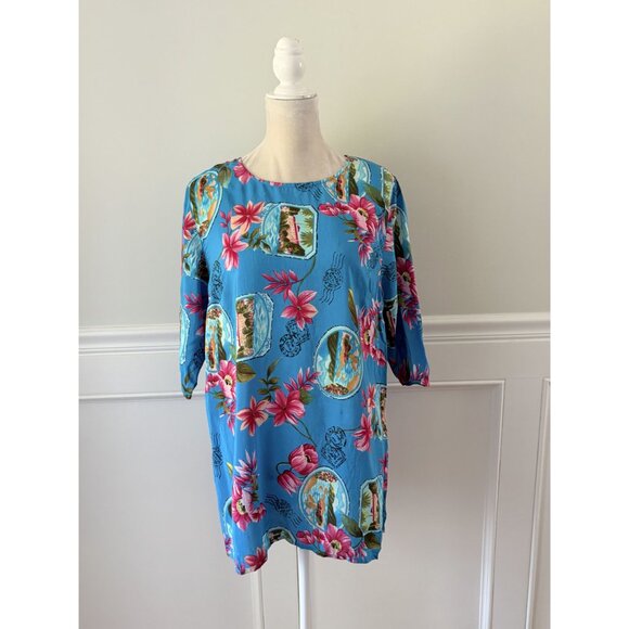 Silx 100% Silk Hawaiian Print Short Sleeve Tunic Top Size M - Picture 2 of 5